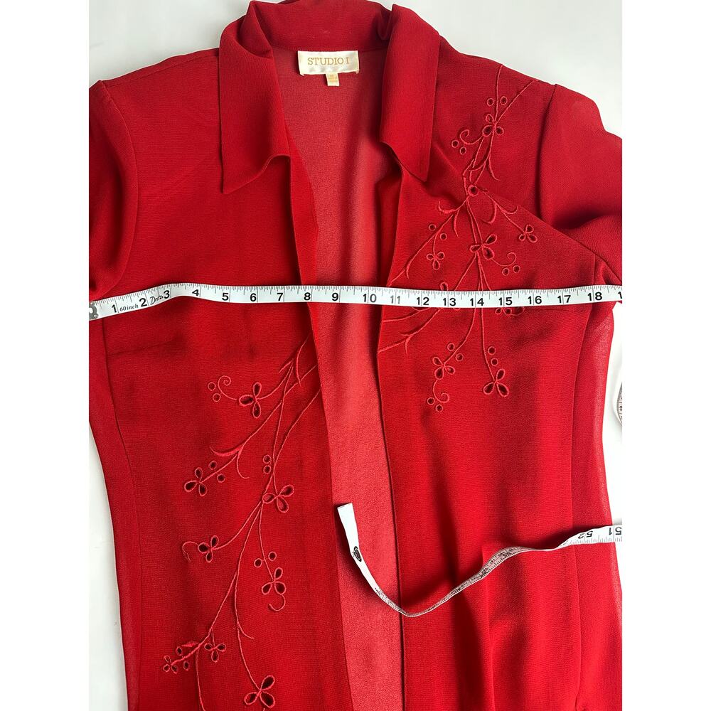 Vintage Studio I Sheer Red Embroidered Cardigan Open Front Mesh Blouse Medium 10 - Picture 5 of 8